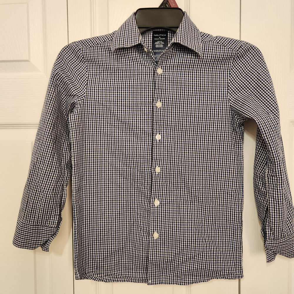 Nautica Boys Navy Blue and White Gingham Shirt